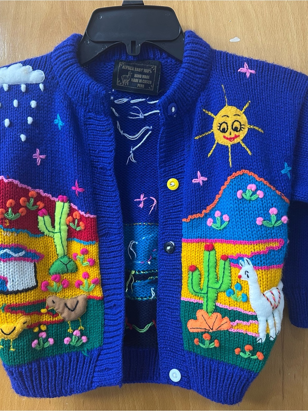 Hand-Knit Alpaca Baby 100% Royal Blue Kids Cardigan with Desert Embroidery
